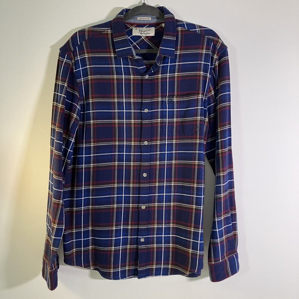 Penguin Shirt Mens Large Blue Red Plaid Heritage Slim Fit Long Sleeve Flannel